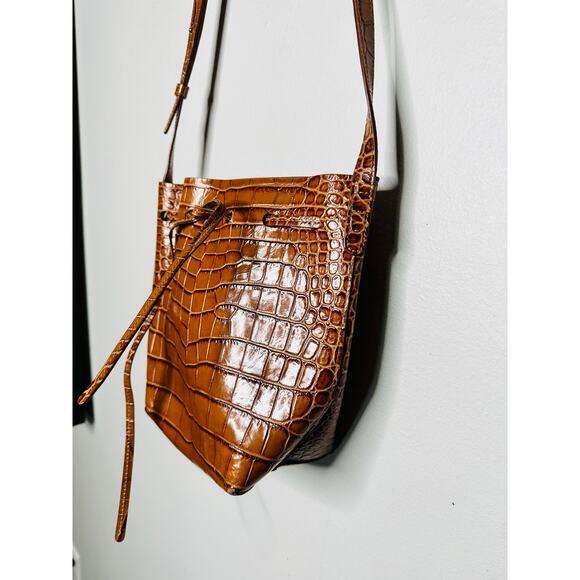 MANSUR GAVRIEL Brown Crocodile Embossed Drawstring Mini Bucket Bag Purse - Picture 3 of 14